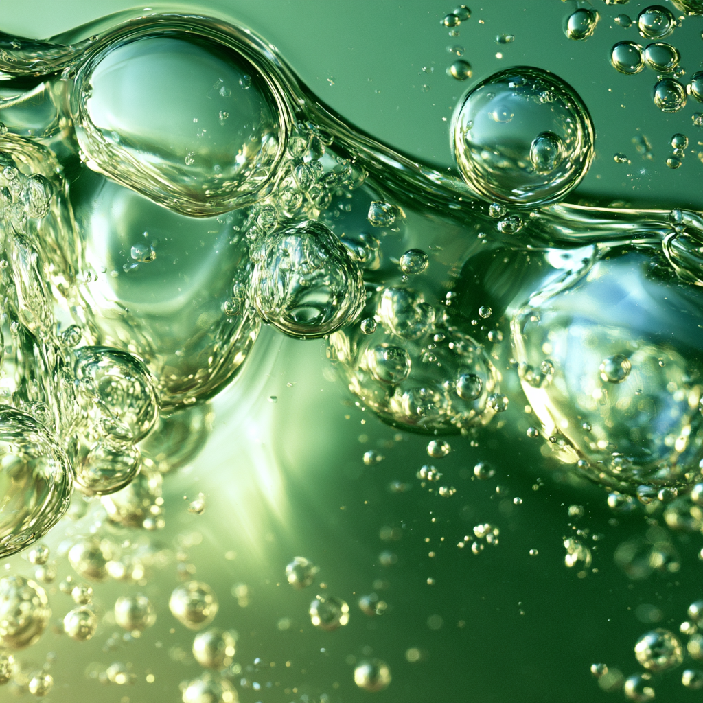 Macro photograph of clear bubbles rising through green liquid, catching gold rim light