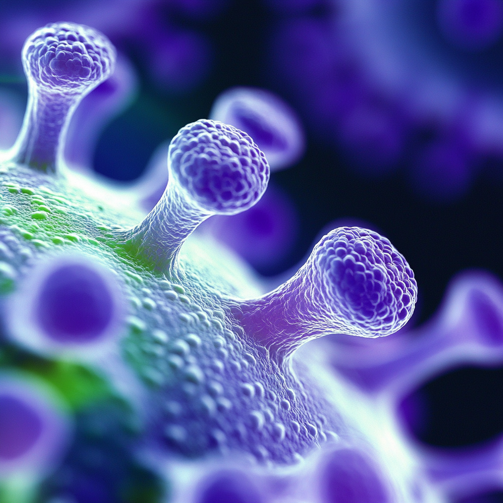 Abstract micrograph representing influenza virus surface proteins
